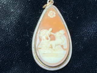 Victorian Antique Carved Shell Cameo Pendant Chariot With 4 Horses 1 1/8”