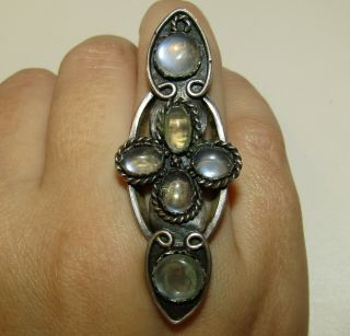 Exceptional,  Long,  Antique Sterling Silver Ring With Blue Moonstone Gems