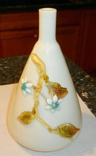 Antique Art Glass Stevens & Williams Vase W Applied Flowers & Leaves 10 "
