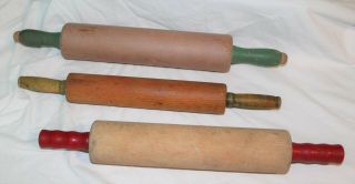 3 Antique Vintage Wood Rolling Pins With Red & Green Wood Handles
