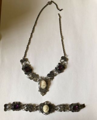 Antique Cameo Necklace & Bracelet Set Purple Stone Ornate Victorian