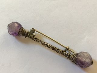 Antique Victorian 1890’s Silver Faceted Amethyst Brooch Pin.