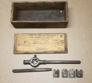 Antique Armstrong Tools Vintage Pipe Threader & Dies,  Wood Box Bridgeport.  Ct.  Usa