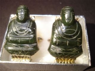 Vintage Carved Dark Green Jade Buddha Cufflinks