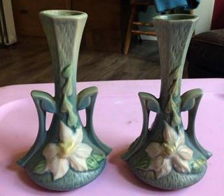 Antique Pr Blue Roseville Pottery Clematis Vases 187 - 7 " 1 As - Is