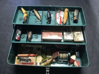 Vintage Metal Liberty Tackle Box Full Of Old Wood Fishing Lures,  Reels,  & More