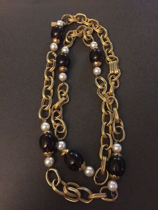 Vintage Yves Saint Laurent Gold Tone Faux Pearl Long Necklace