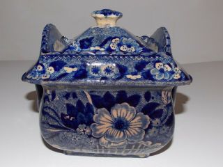 Antique Circa 1820 Soft Paste Blue Staffordshire Covered Sugar Bowl W/handles