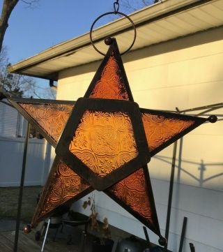 Vintage Five Point Star Shape Hanging Candle Votive Holder Metal/glass Amber