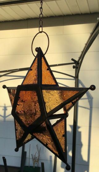 Vintage Five Point Star Shape Hanging Candle Votive Holder Metal/glass Amber 2