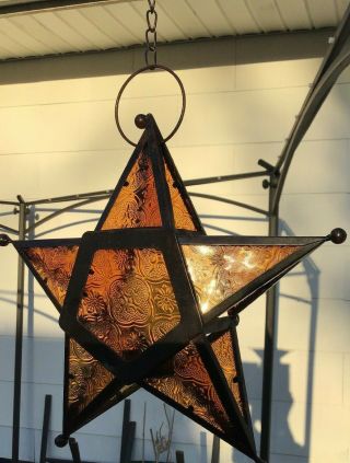 Vintage Five Point Star Shape Hanging Candle Votive Holder Metal/glass Amber 3