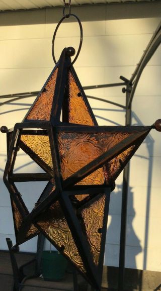 Vintage Five Point Star Shape Hanging Candle Votive Holder Metal/glass Amber 5