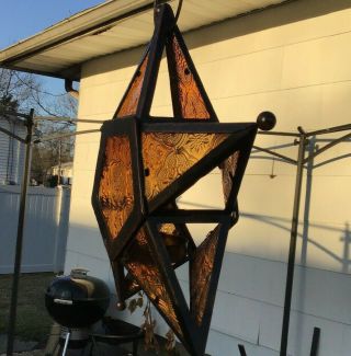 Vintage Five Point Star Shape Hanging Candle Votive Holder Metal/glass Amber 6