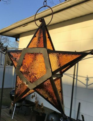 Vintage Five Point Star Shape Hanging Candle Votive Holder Metal/glass Amber 7