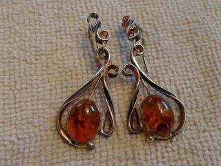 Vintage Antique Art Nouveau Sterling Silver Amber Pierced Drop Dangle Earrings