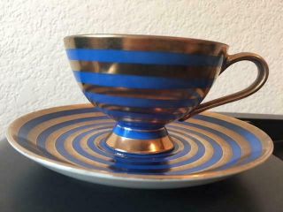 Vintage Bright Blue And Gold Striped Tea Cup Shafford Japan