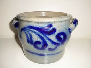 Small Cobalt Blue Decorated 1.  5 Liter Salt Glazed Stoneware Crock With Handles