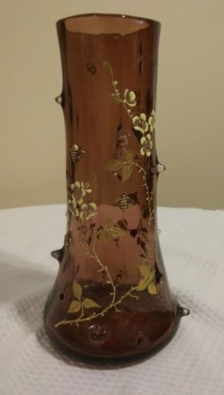 Antique Signed Moser Glass Vase,  Clear Brown,  Bees And Flowers,  Large Hobnail