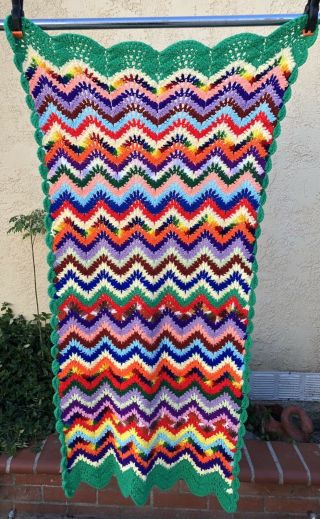 Afghan Hand Knit Crochet Granny Throw Lap Hippie Zig Zag Chevron Rainbow Blanket