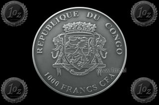 CONGO 1000 FRANCS 2012 (RHINOCEROS) 1oz SILVER Coin (Ag 999/1000) ANTIQUE FINISH 2