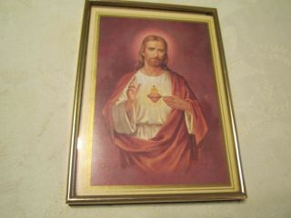 Vintage Jesus Christ Sacred Heart Picture Print Framed - Catholic Religious