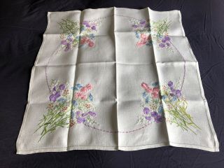 Sweet Vintage Floral Hand Embroidered Small Square White Irish Linen Tablecloth 2