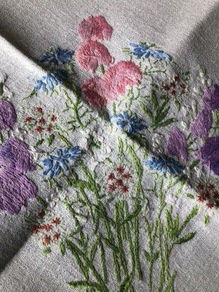 Sweet Vintage Floral Hand Embroidered Small Square White Irish Linen Tablecloth 3