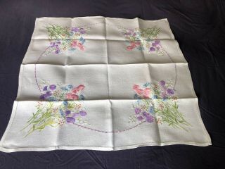 Sweet Vintage Floral Hand Embroidered Small Square White Irish Linen Tablecloth 4