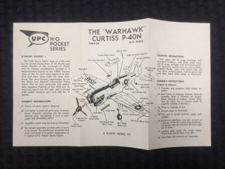 The  Warhawk " Curtiss P - 40n Plastic Plane Model Instruction Sheet ©1956
