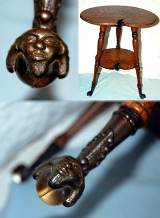 Antique Art Nouveau Water Lily Motif Oak Gnome Faced Glass Ball Feet Table Stand
