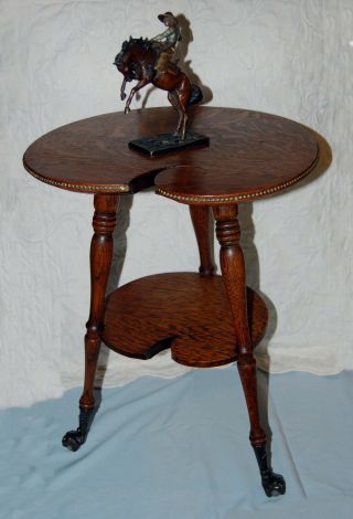 Antique Art Nouveau Water Lily Motif Oak Gnome Faced Glass Ball Feet Table Stand 2