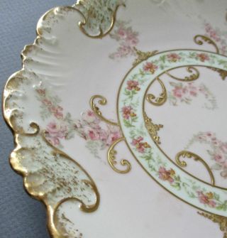 Antique Limoges Porcelain Cabinet Plate Swags Of Pink Roses,  Gilt Paste Scrolls