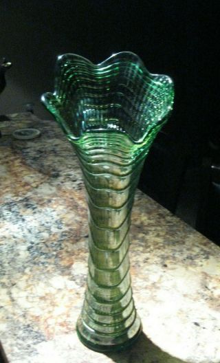 Tall Imperial Antique Swung Ripple Iridescent Green Carnival Glass Vase 15 1/2in