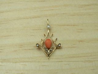 Antique Victorian Solid 14k Yellow Gold Coral & Seed Pearl Pendant