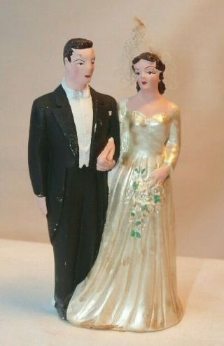 Vintage Cake Topper Man & Woman Traditional Tuxedo Gown Fully Covered