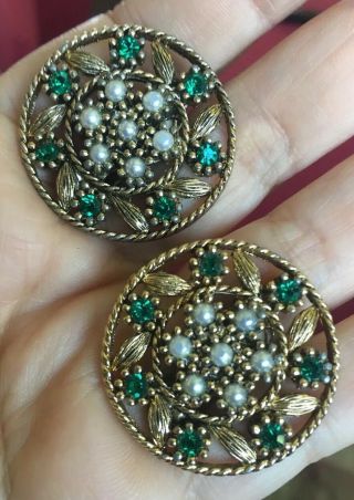Fab Lg Antique Style Gold Filigree Faux Seed Pearl Emerald Rhinestone Earrings