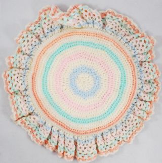 Vintage Crochet Round Throw Bed Or Couch Pillow With Ruffle Edge
