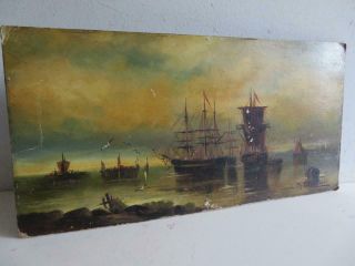 Really Old Painting Antique Oil Sea Ships Maritime Signed