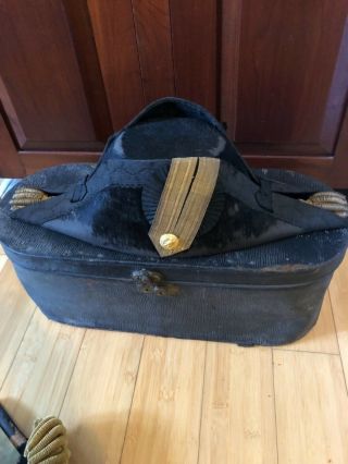 Antique Us Navy Fore & Aft Cocked Bicorn Hat Leather Wrapped Tin Case Epaulet