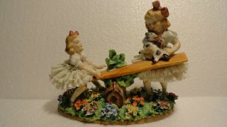 Figurine Dresden Germany Porcelain Girls Playing On Seesaw 56 Old Antique Old