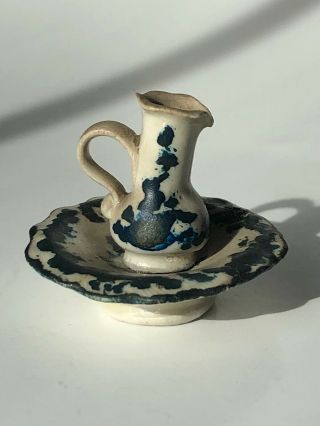 Vintage Dollhouse Miniature Pottery Pitcher & Bowl Artist Signed
