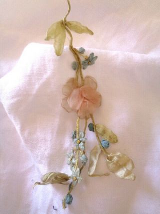5 1/2 " Victorian French Silk Ribbonwork Pink Rose Forget Me Nots Vines