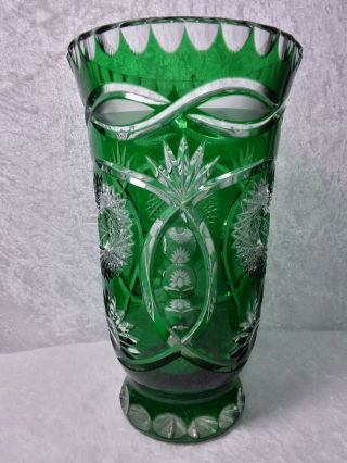 Vintage Tall Emerald Green Cut To Clear Vase 10 "