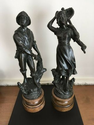 Bronzed Spelter Figures - Fisherman And Fisherwoman