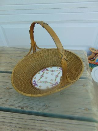 Antique French Limoges ? Woven Brass Basket Painted Floral Porcelain Insert