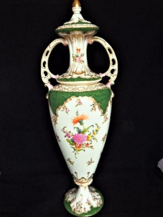 Antique Dresden Porcelain Germany Tall Hand Painted Handled Lidded Vase 1900 