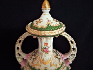 ANTIQUE DRESDEN PORCELAIN GERMANY TALL HAND PAINTED HANDLED LIDDED VASE 1900 ' s 3