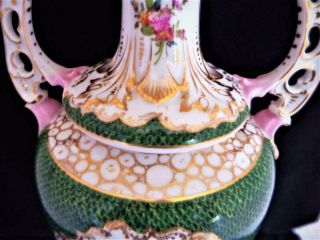 ANTIQUE DRESDEN PORCELAIN GERMANY TALL HAND PAINTED HANDLED LIDDED VASE 1900 ' s 6