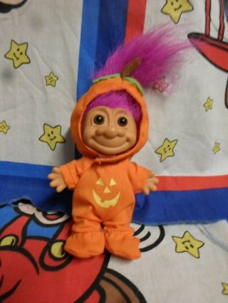Vintage Russ Troll Doll Halloween Orange Pumpkin Costume Pink Hair