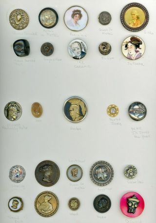 9 X 12 Card Of 25 Head Buttons: Litho,  Sterling,  Satsuma,  Porcelain,  And More.